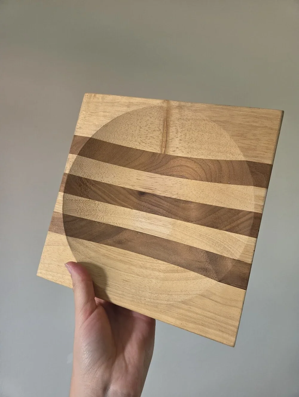 Handmade Birch and Walnut Striped Ulu Chopping Board Bowl for Mezzaluna Knife
